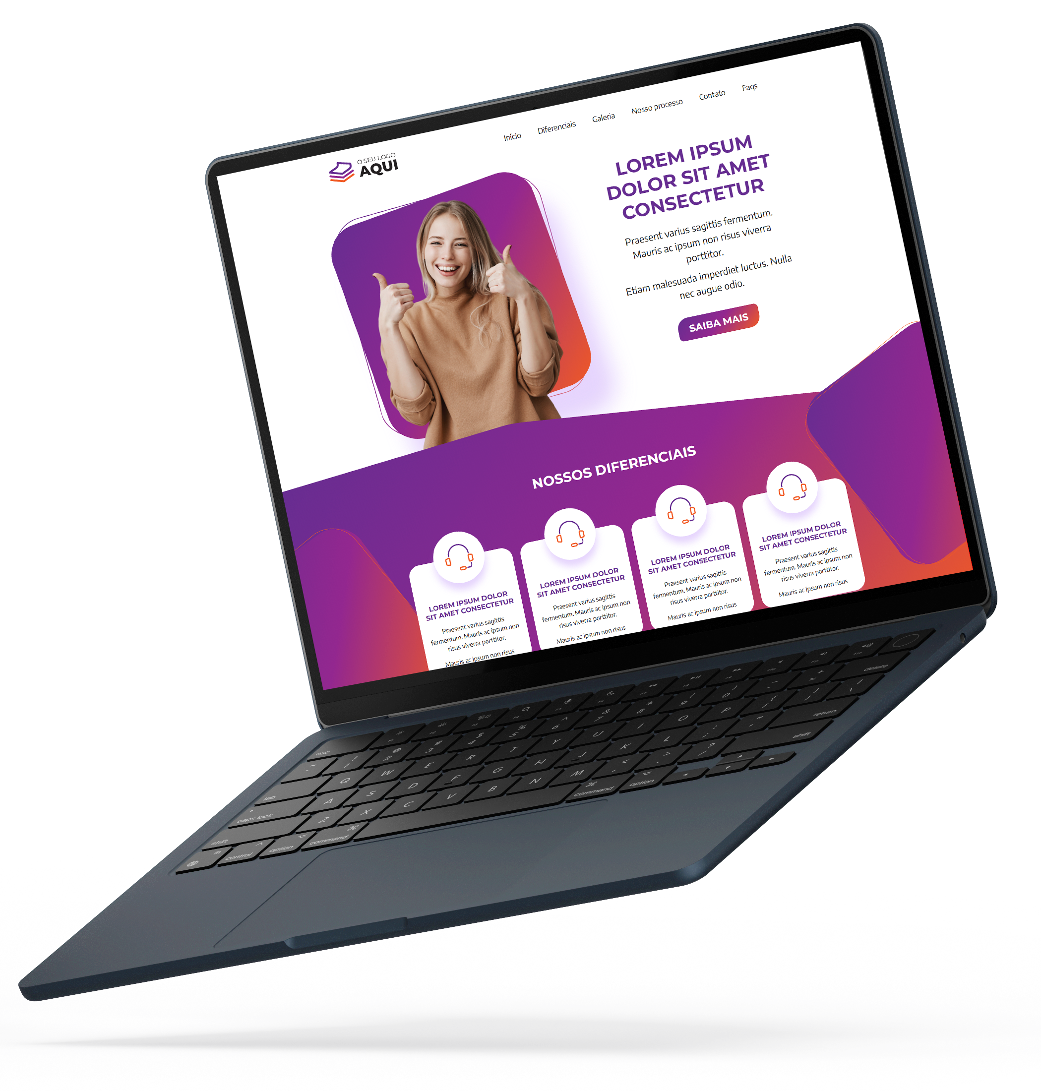 Imagem de um monitor flutuando com um template da Sites Verrone na tela